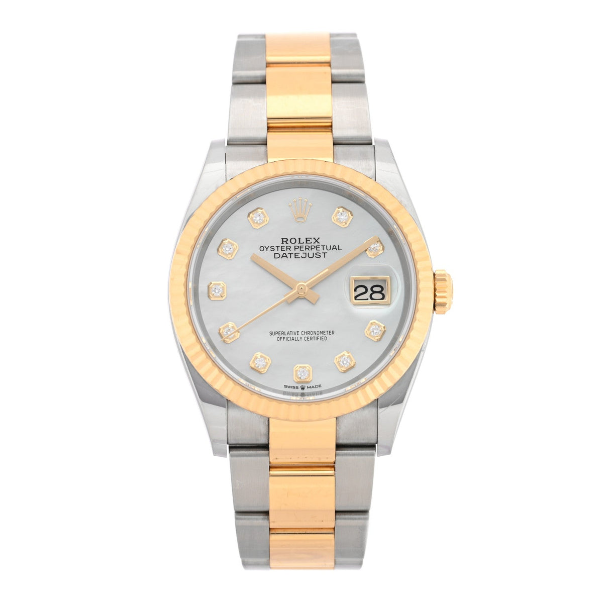 Stainless Steel 18K Yellow Gold Diamond Mother of Pearl 36mm Oyster Perpetual Datejust Watch 126233