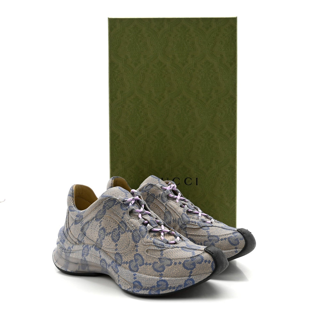 Ultralight Plume Calfskin Monogram Printed Womens Gucci Run Sneakers 37.5 Beige Blue