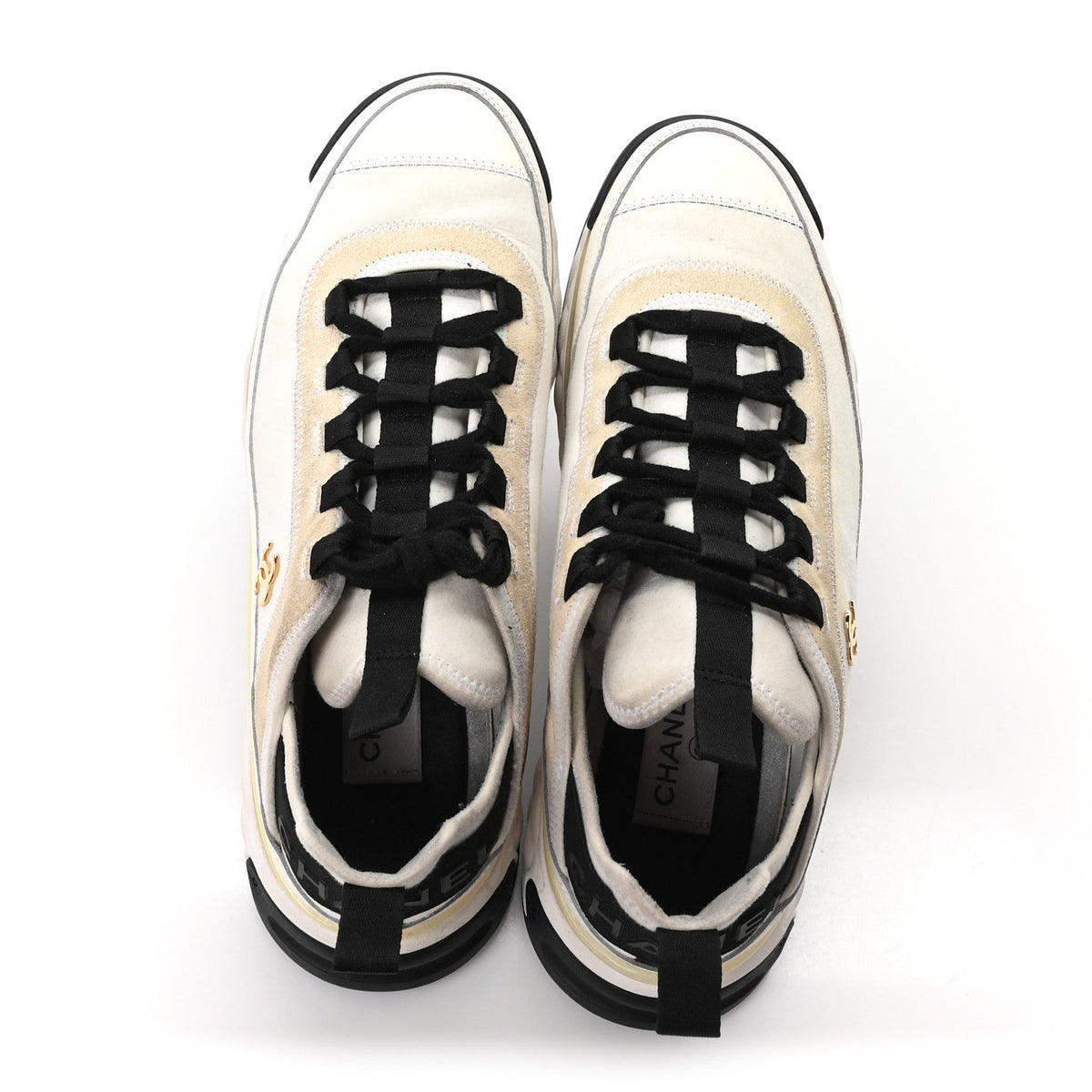 Velvet Calfskin Mixed Fibers CC Sneakers 39.5 Ivory Black