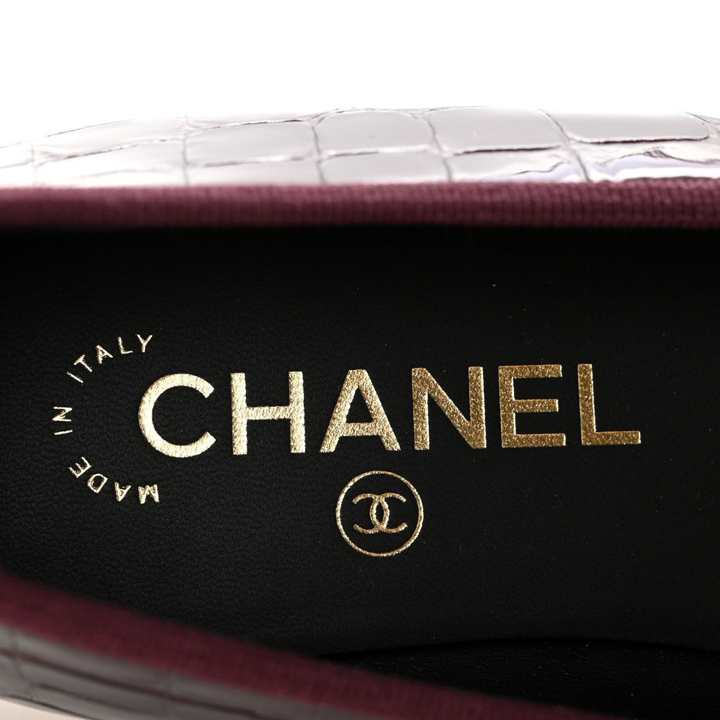 Patent Calfskin Crocodile Embossed Ballerina Flats 37 Dark Burgundy Black