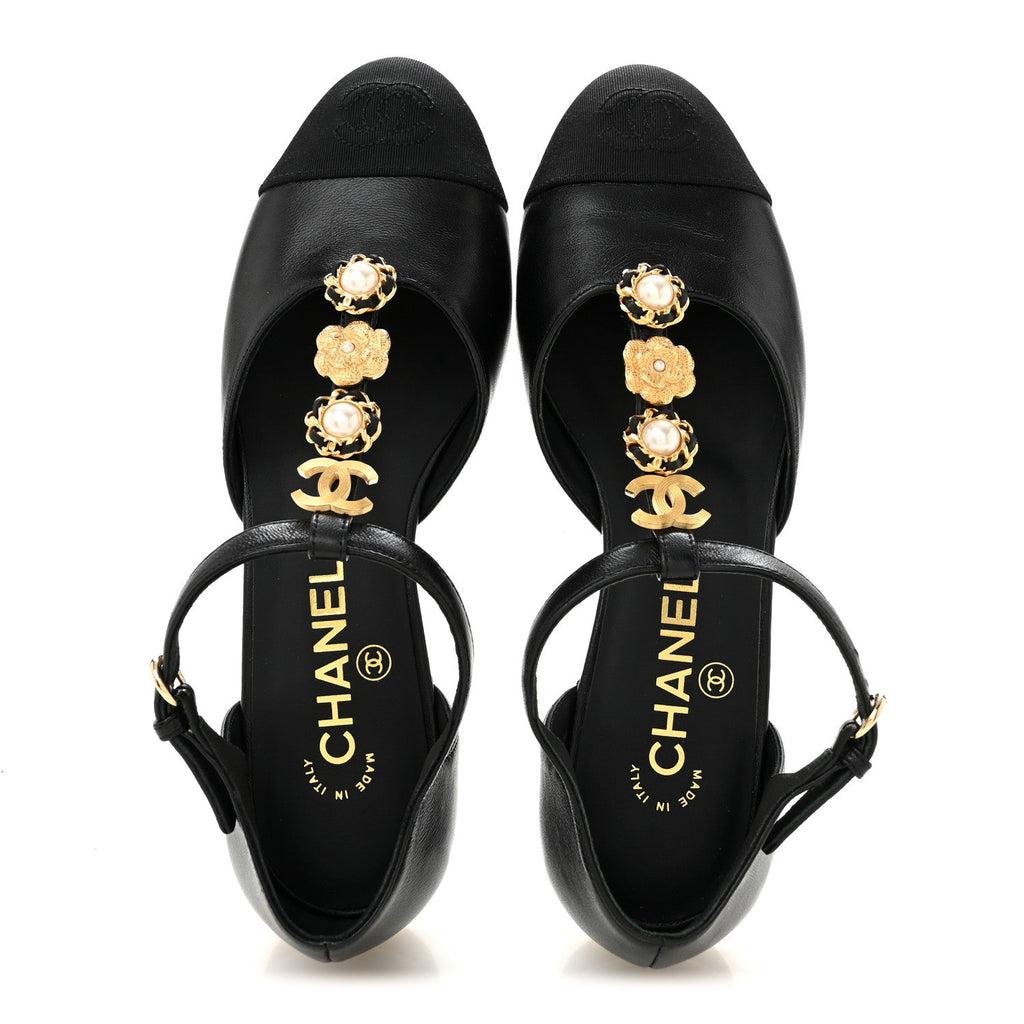 Lambskin Grosgrain Cap Toe Pearl CC Mary Jane Flats 36 Black