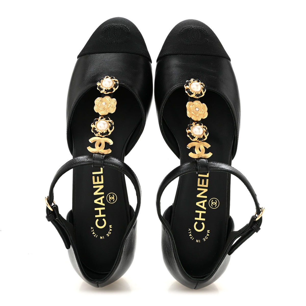 Lambskin Grosgrain Cap Toe Pearl CC Mary Jane Flats 36 Black