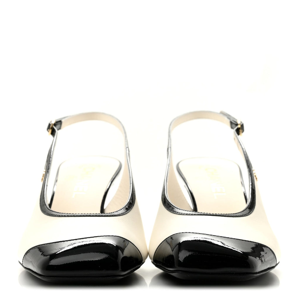 Lambskin Patent Calfskin Cap Toe CC Slingback Pumps 38.5 White Black