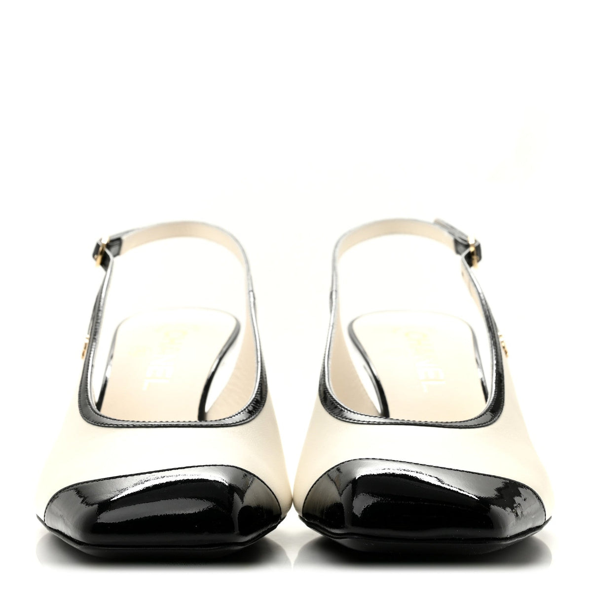 Lambskin Patent Calfskin Cap Toe CC Slingback Pumps 38.5 White Black