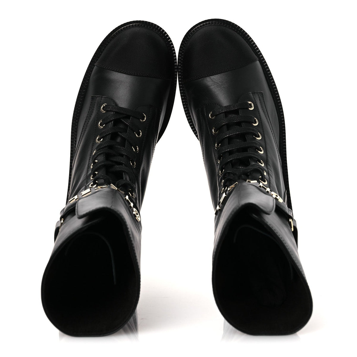 Calfskin Grosgrain Lace Up Combat Boots 38.5 Black