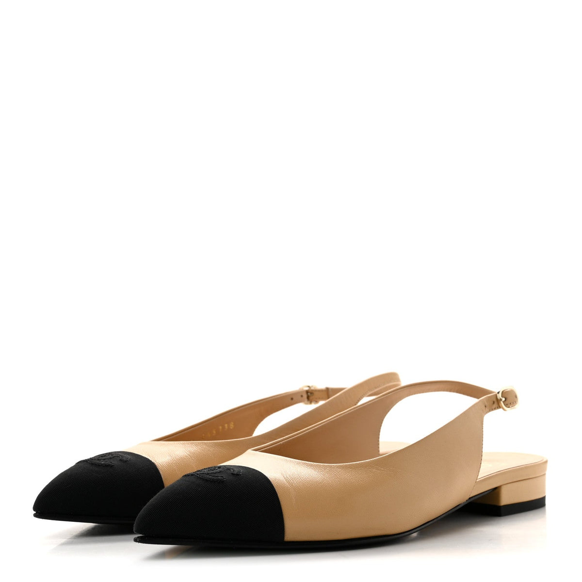 Goatskin Grosgrain Pointed Toe CC Slingback Flats 37 Beige Black
