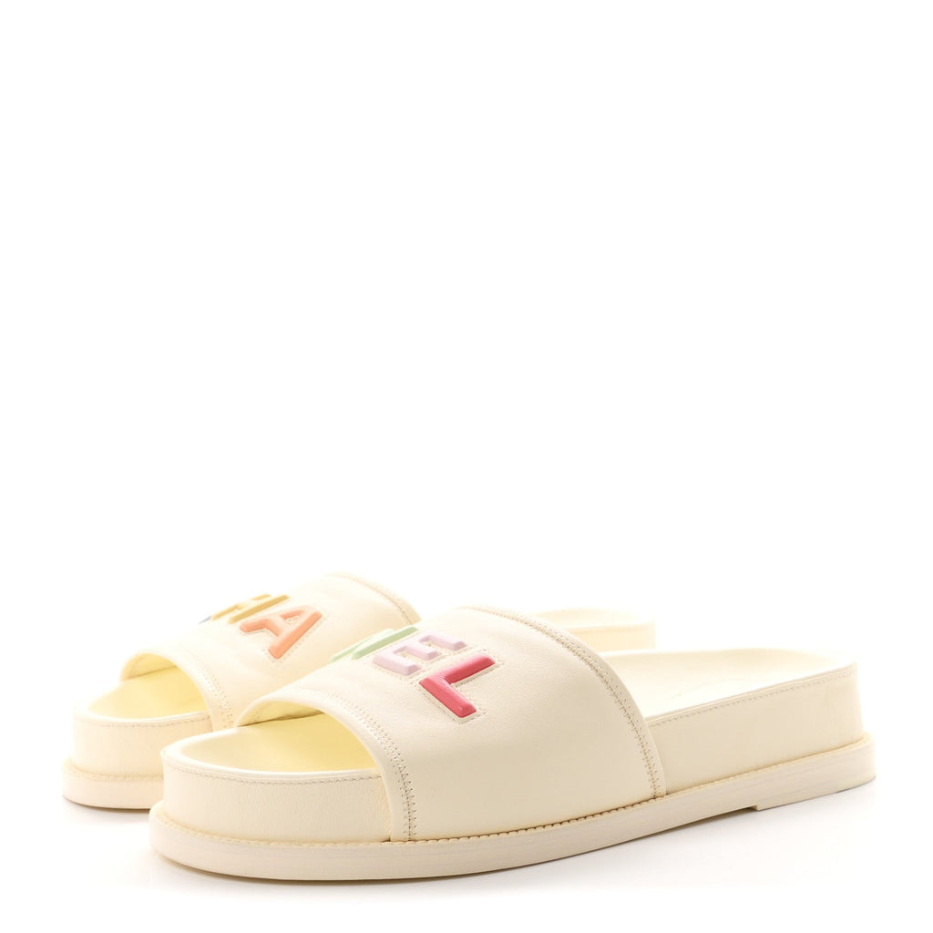 Lambskin Cha-Nel Mule Sandals 40.5 Ivory Multicolor