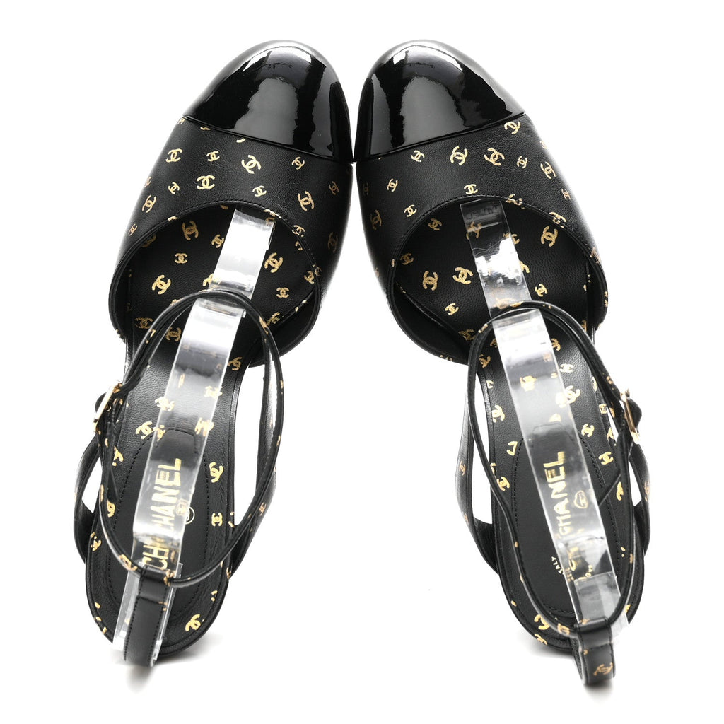 Printed Lambskin Patent Calfskin CC Platform Pumps 39.5 Black Gold