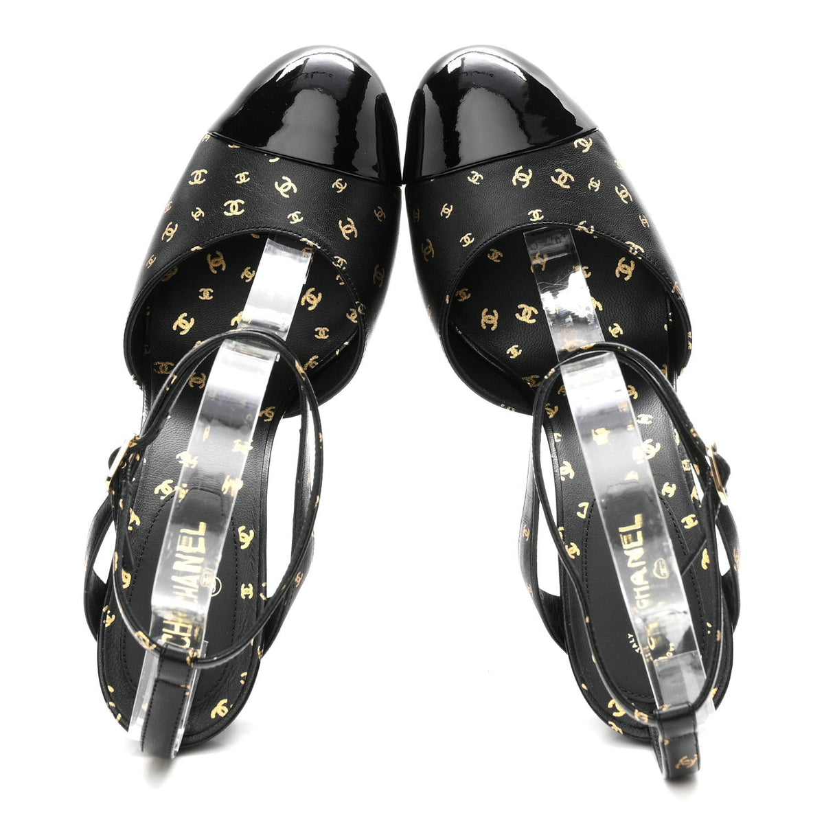Printed Lambskin Patent Calfskin CC Platform Pumps 39.5 Black Gold
