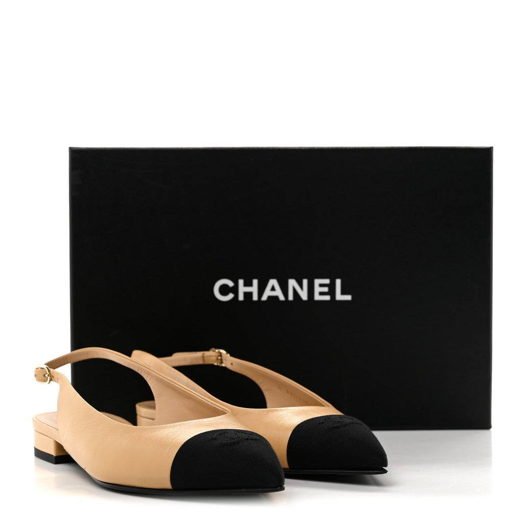 Goatskin Grosgrain Pointed Toe CC Slingback Flats 37 Beige Black