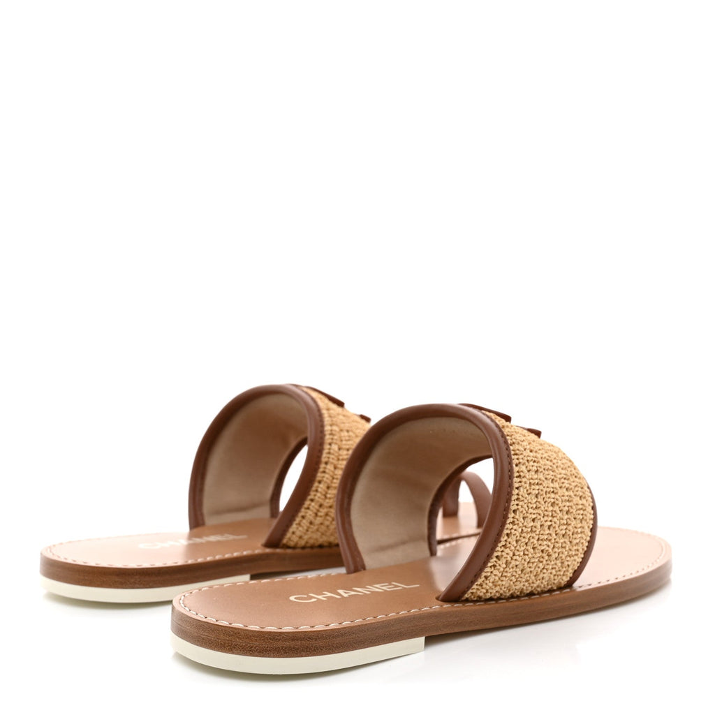 Raffia Lambskin CC Mules 38.5 Beige Brown