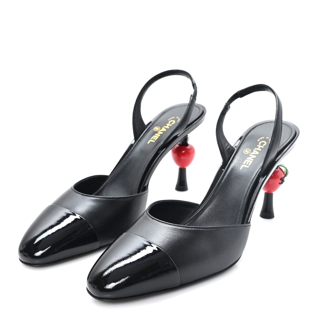 Lambskin Patent Cap Toe CC Apple Slingback Pumps 38.5 Black