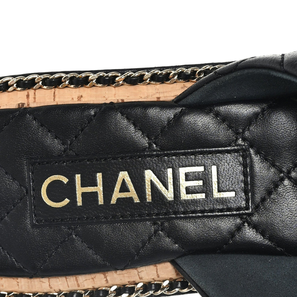 Shiny Lambskin Quilted Chain CC Sandals 38 Black