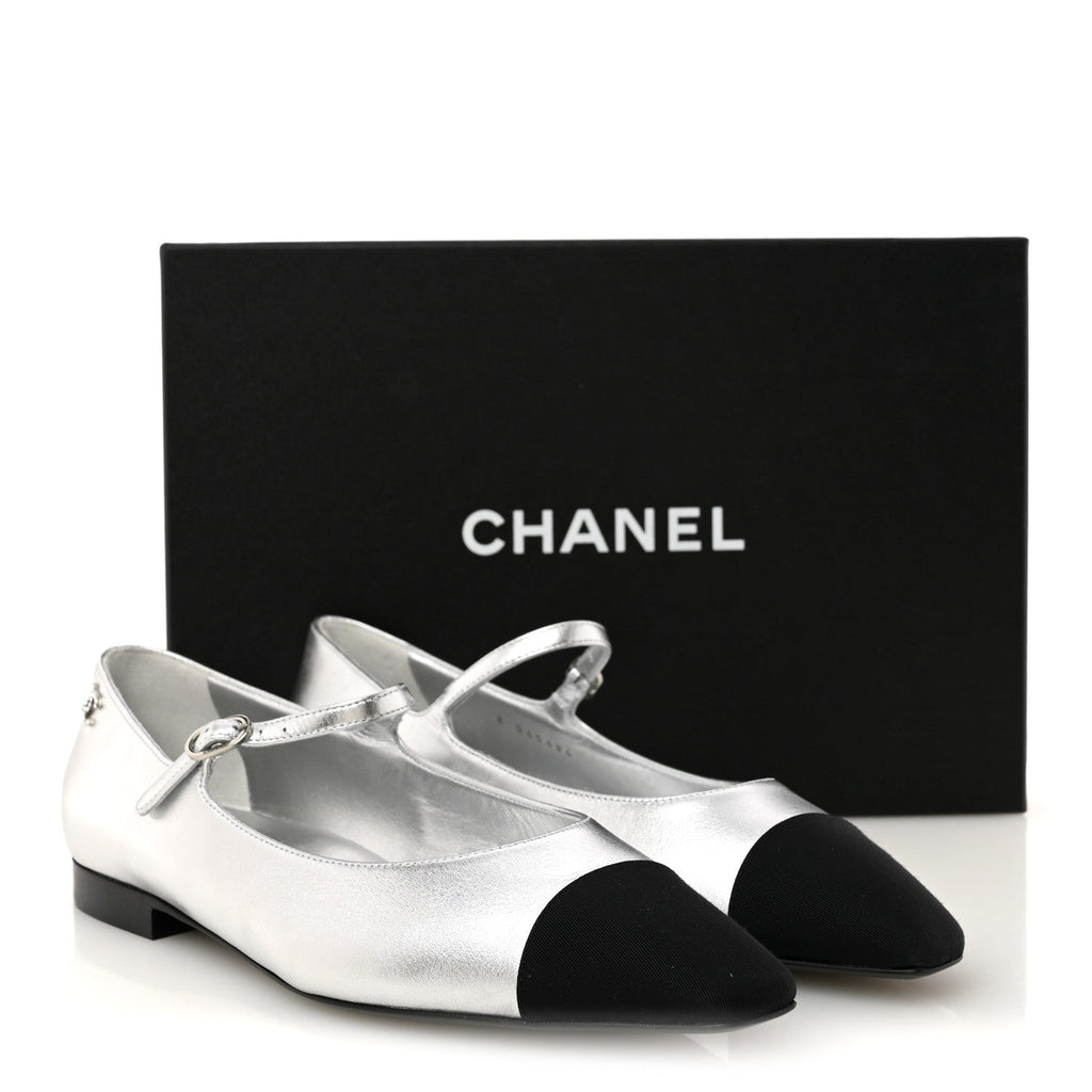 Laminated Calfskin Grosgrain Mary Janes Flats 40 Silver Black