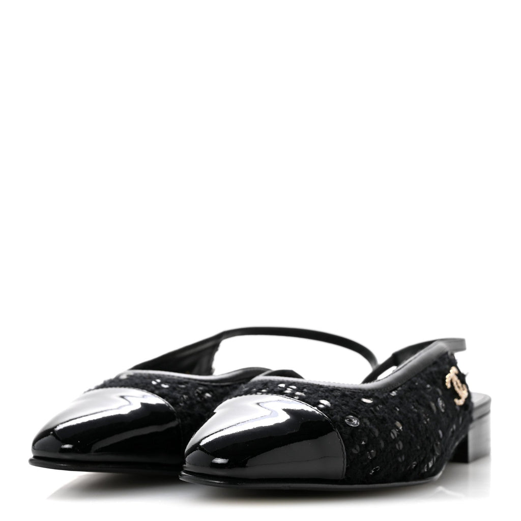 Tweed Patent Calfskin Cap Toe CC Slingback Flats 36 Black