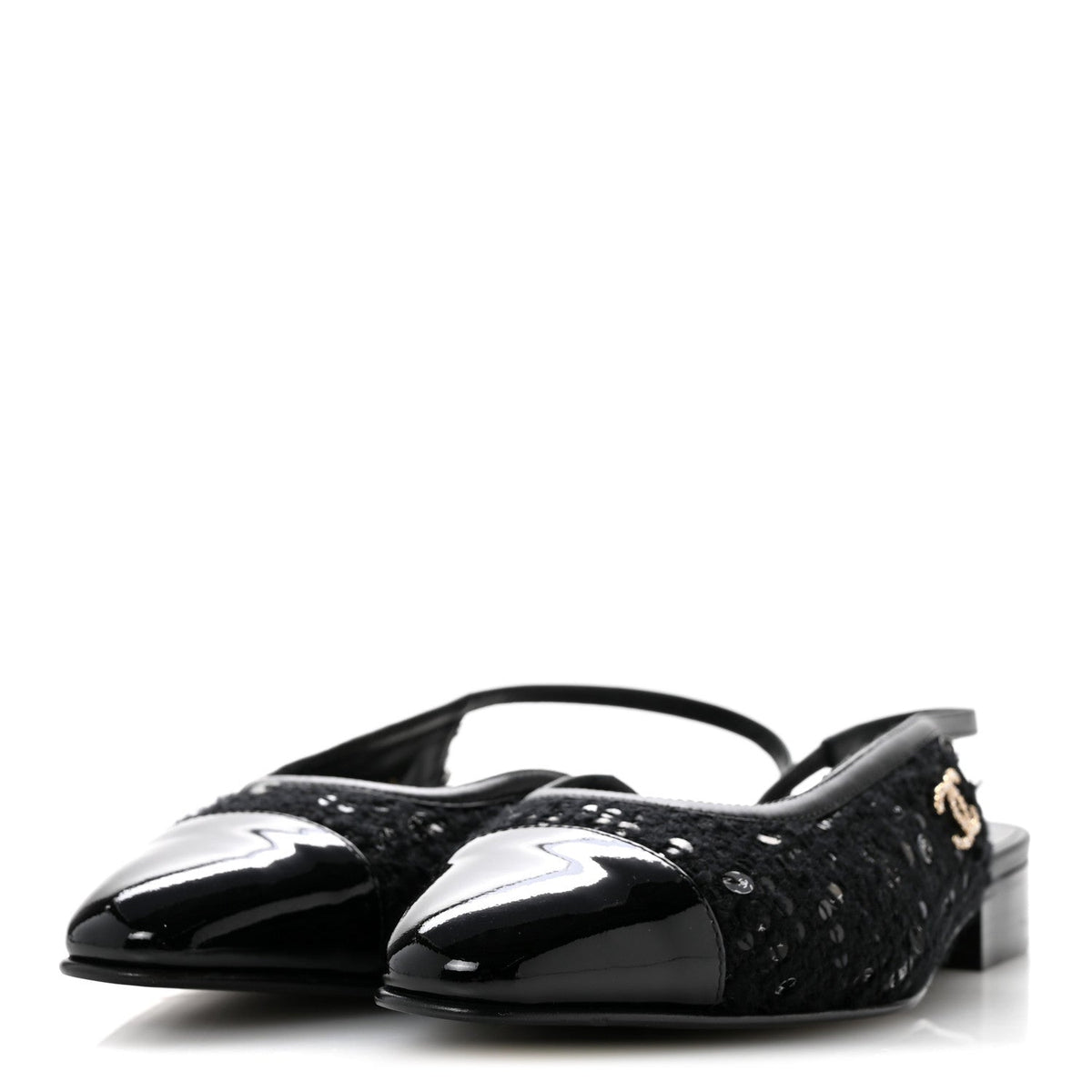 Tweed Patent Calfskin Cap Toe CC Slingback Flats 36 Black