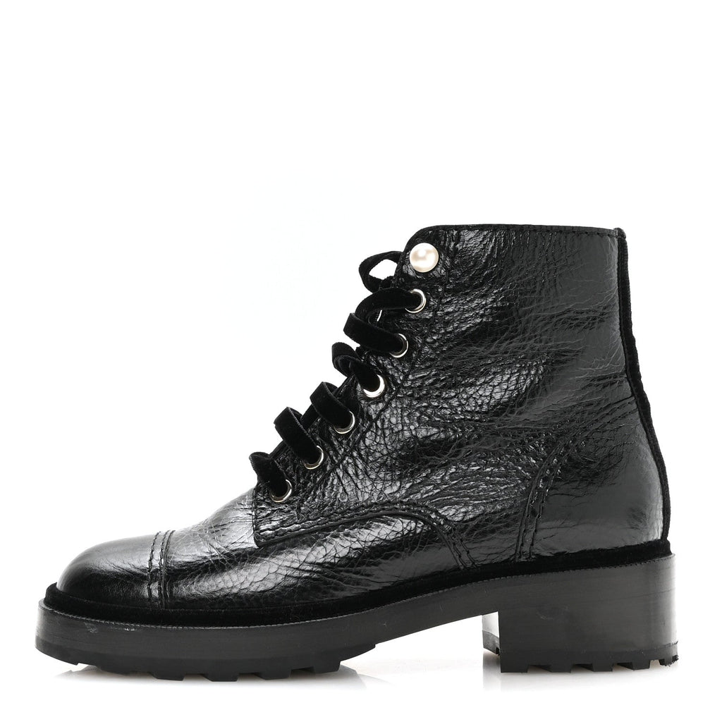 Shiny Calfskin Velvet Pearl Combat Short Boots 37.5 Black