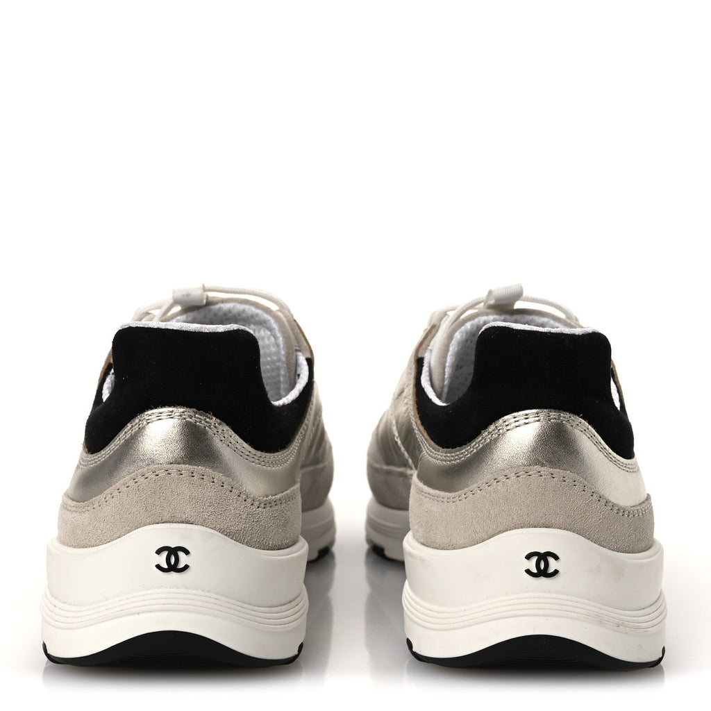 Suede Metallic Calfskin Womens CC Sneakers 39.5 White Silver