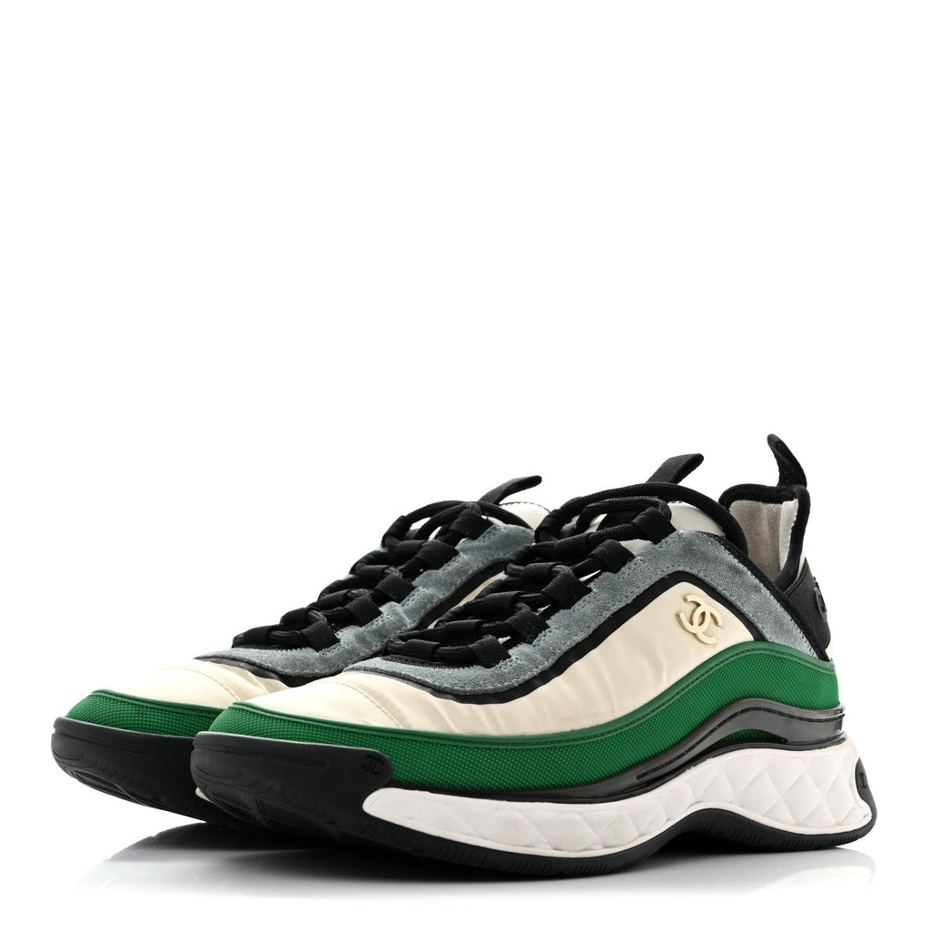 Suede Calfskin Mixed Fibers CC Sneakers 39.5 Ivory Green Light Blue