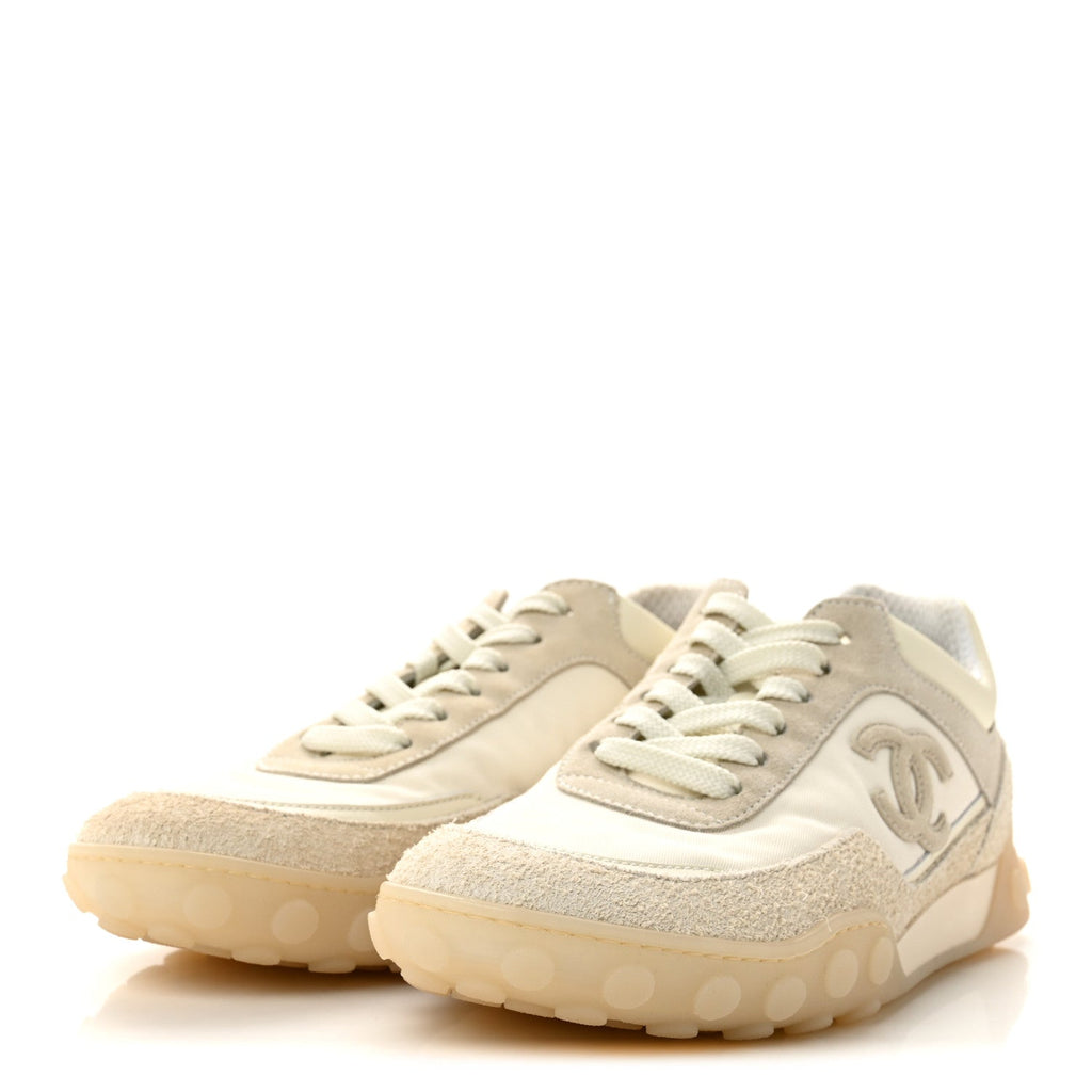 Mixed Fibers Suede Calfskin Womens CC Sneakers 37.5 Ivory