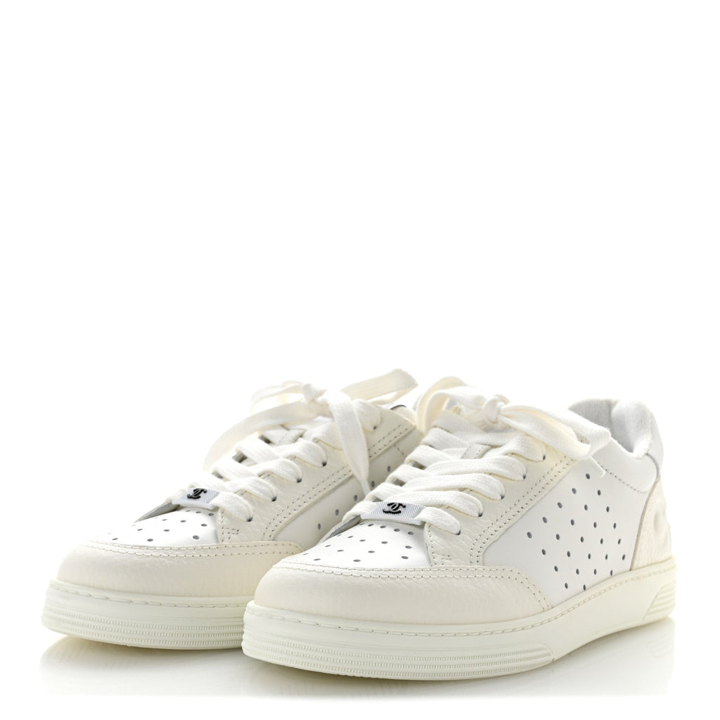 Grained Calfskin Fabric Womens Logo Sneakers 37.5 White 37.5 White