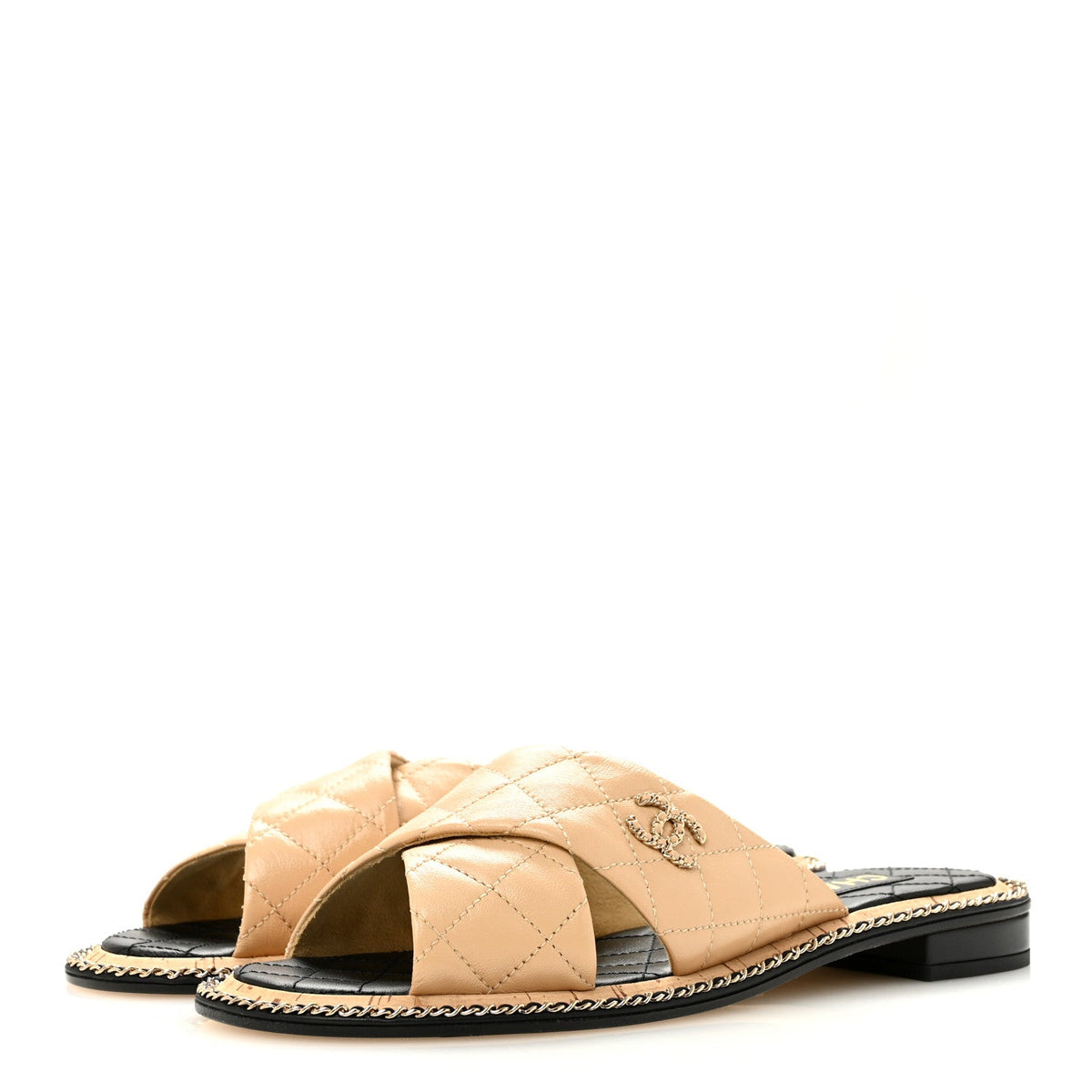 Shiny Lambskin Quilted Metal Chain CC Sandals 36.5 Beige