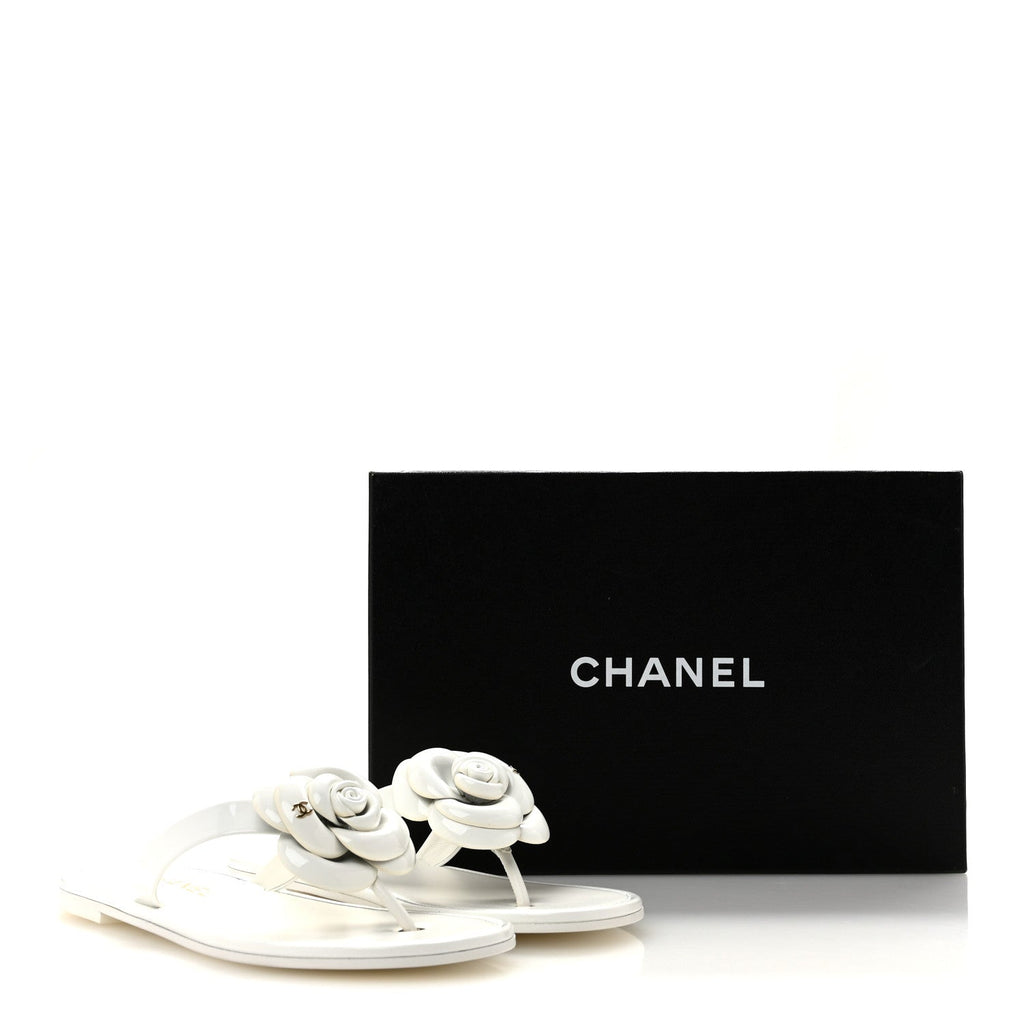 Patent Calfskin Camellia Thong Sandals 37.5 White