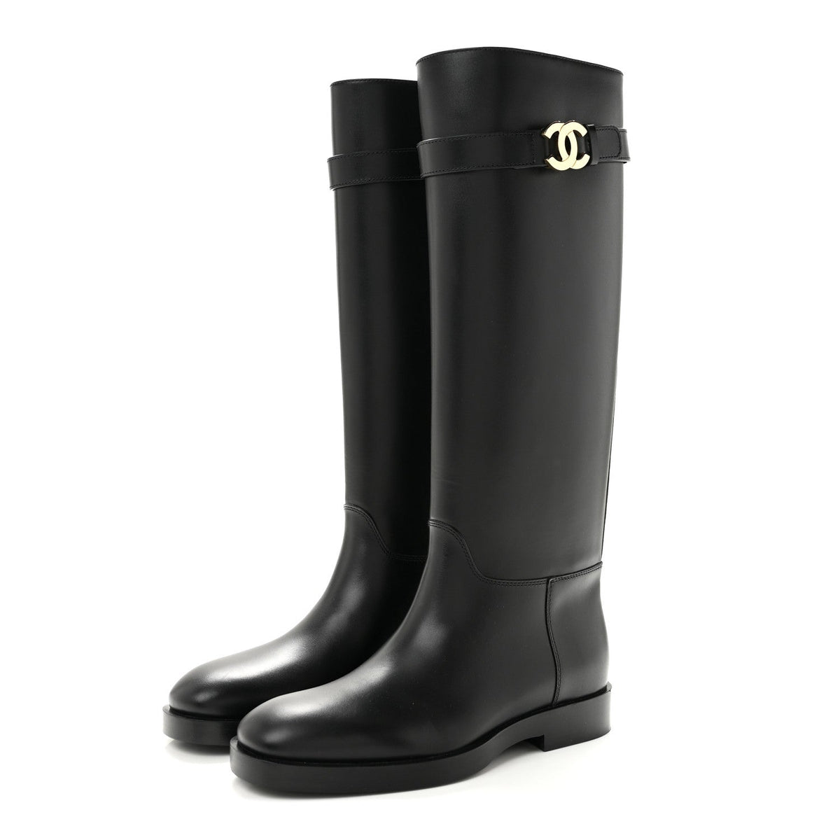 Calfskin CC Buckle High Boots 38 Black