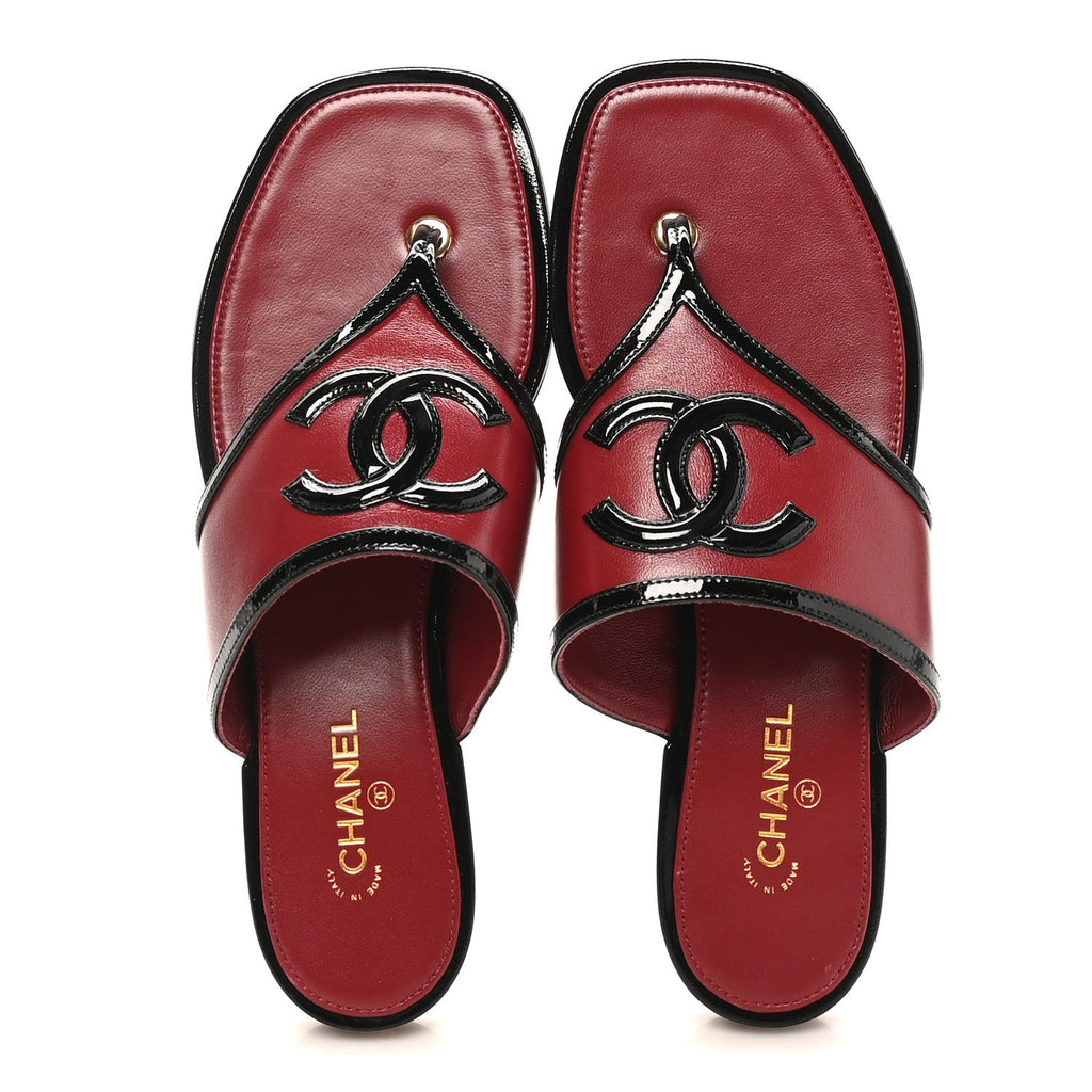 Lambskin Patent Calfskin CC Thong Sandals 37 Burgundy Black