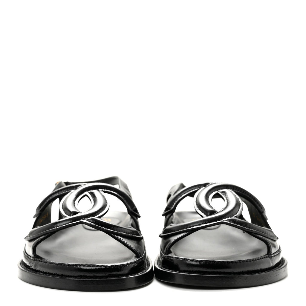 Shiny Crumpled Lambskin CC Cut Out Sandals 37 Black
