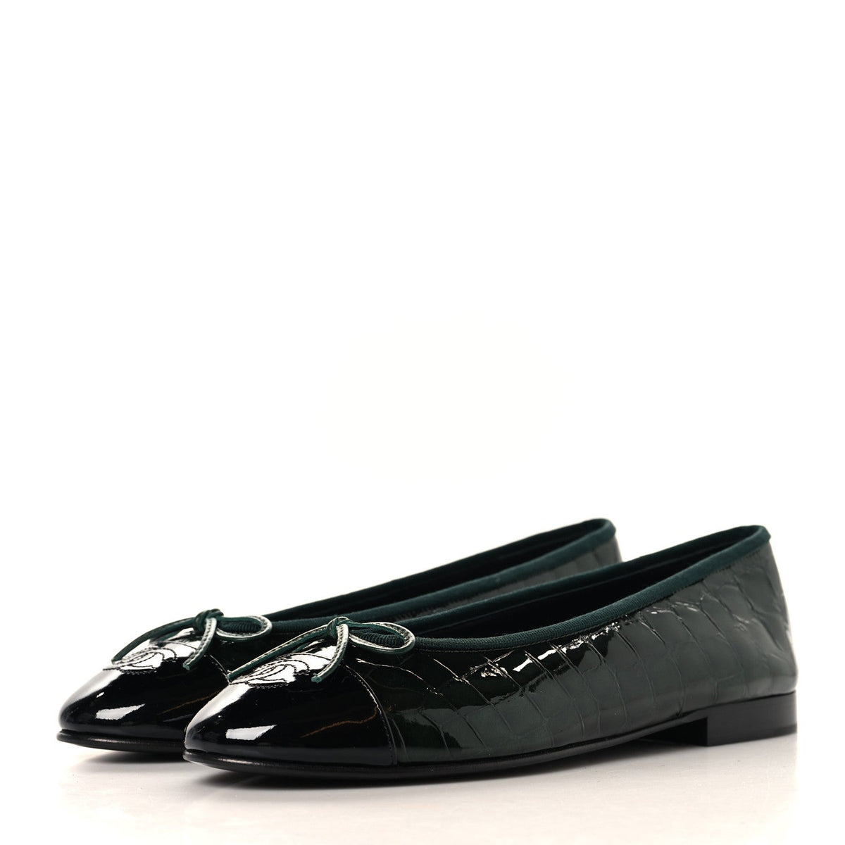 Patent Calfskin Crocodile Embossed Ballerina Flats 38 Dark Green Black