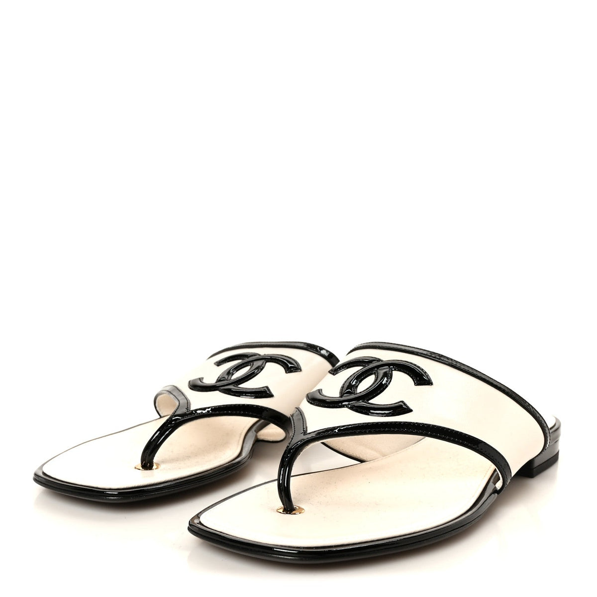 Lambskin Patent Calfskin CC Thong Sandals 37 White Black