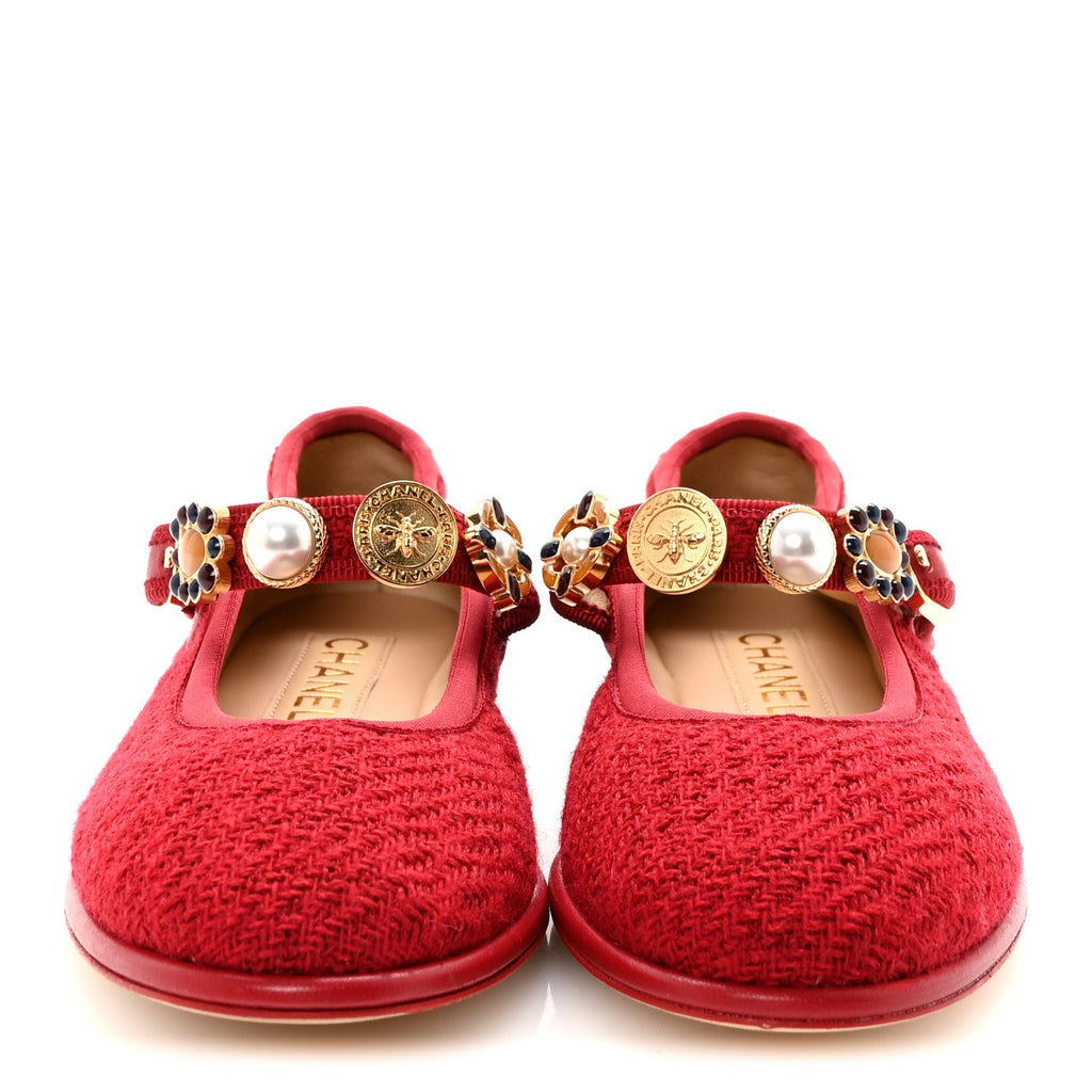 Wool Tweed Patent Mary Jane Flats 36 Red