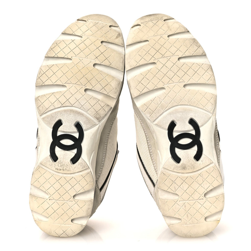 Mesh Suede Calfskin Grosgrain Womens CC Sneakers 37.5 White Black