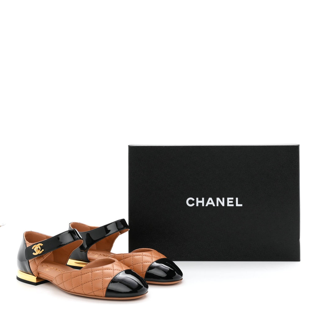 Patent Lambskin Quilted Cap Toe Ballerina Flats 36 Light Brown Black