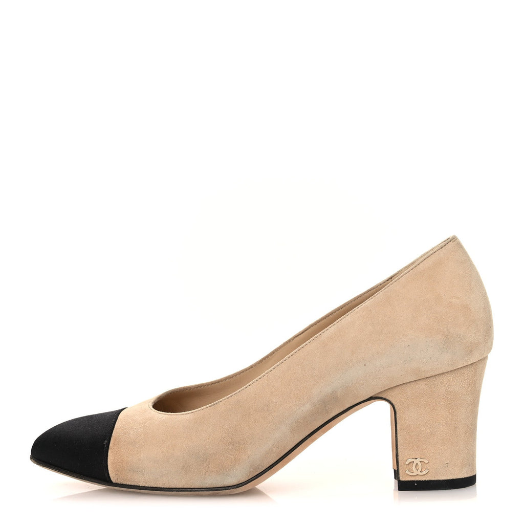 Suede Satin Cap Toe Low Heel Pumps 36 Beige Black