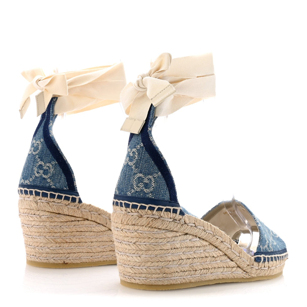 New Denim GG Monogram Pilar Ankle Wrap Espadrille Wedge Sandals 37 Light Blue