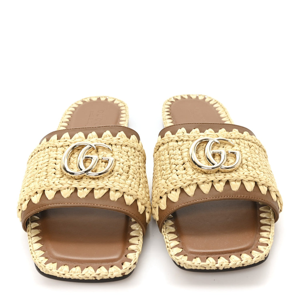 Raffia Interlocking G Flat Slide Sandals 37.5 Bright Natural Sundial