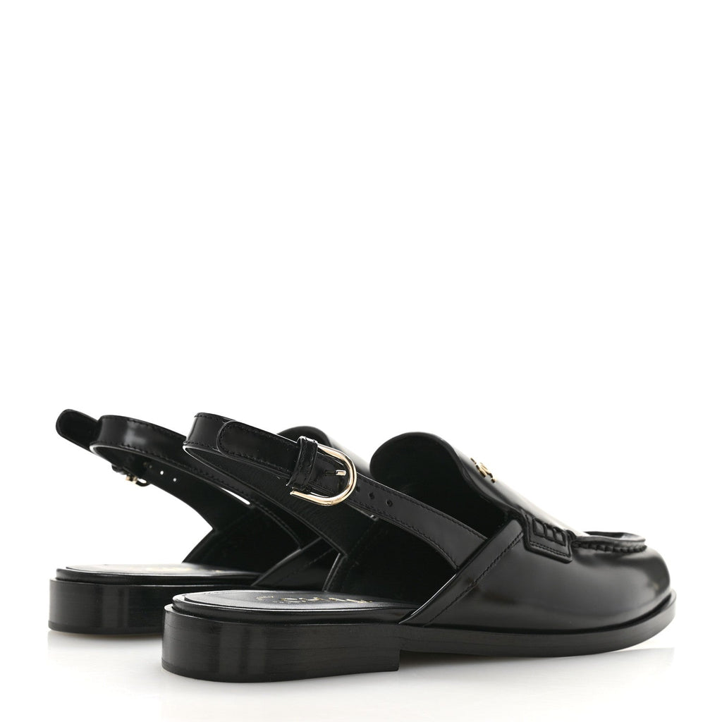 Shiny Calfskin Slingback Loafers 39.5  Black