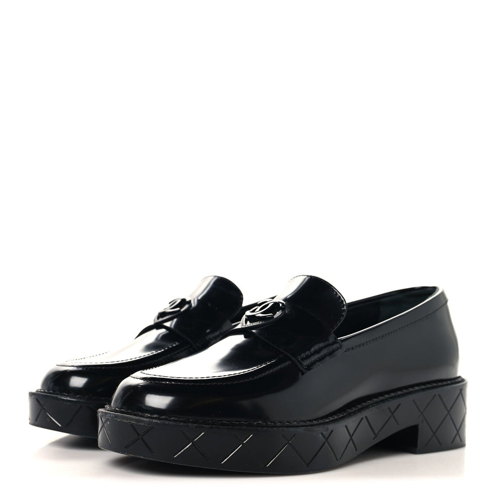 Shiny Calfskin Quilted CC Mocassin Loafers 37 Black