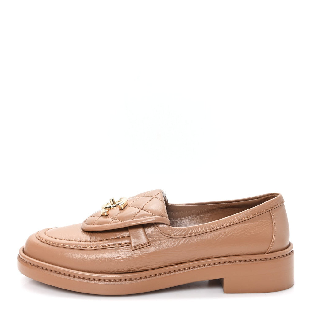 Crumpled Lambskin Quilted CC Turnlock Moccasins 35.5 Dark Beige