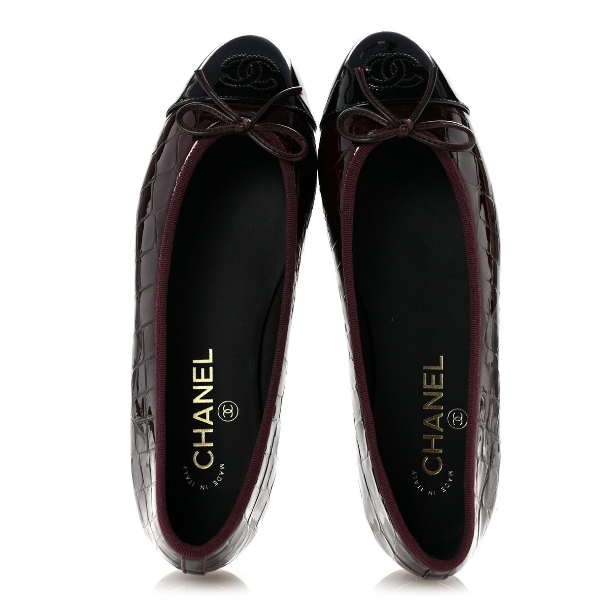 Patent Calfskin Crocodile Embossed Ballerina Flats 37 Dark Burgundy Black