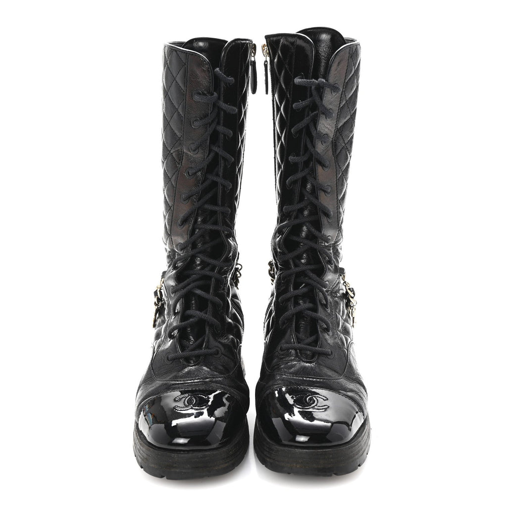 Shiny Calfskin Patent Quilted Chain Lace Up Combat Long Boots 38.5 Black