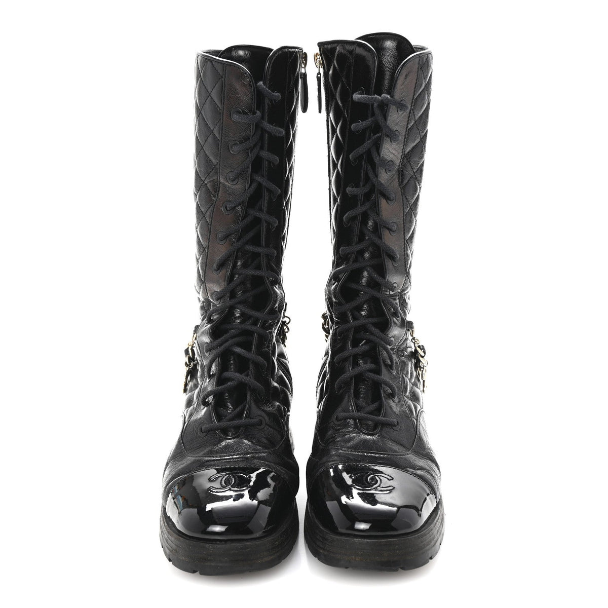 Shiny Calfskin Patent Quilted Chain Lace Up Combat Long Boots 38.5 Black