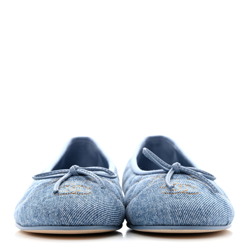 Denim Quilted CC Cap Toe Ballerina Flats 38.5 Light Blue