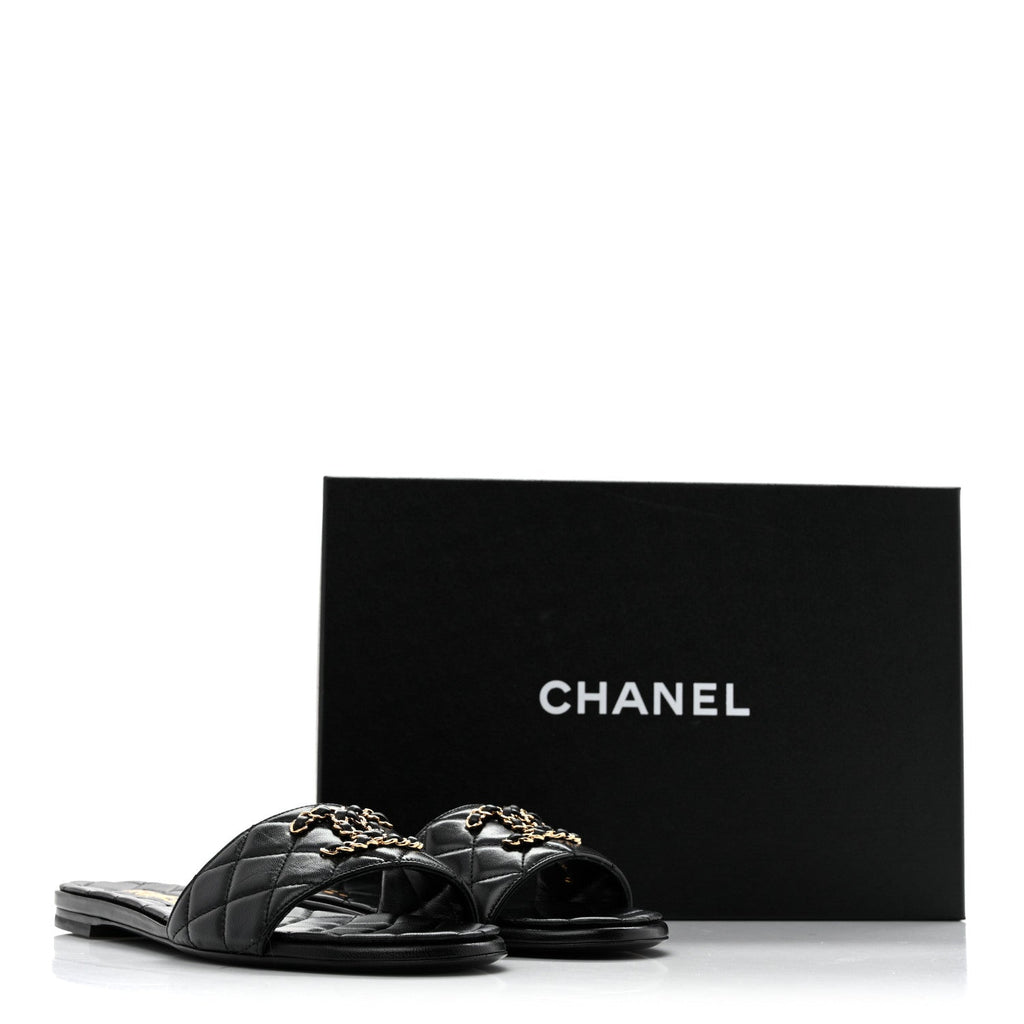 Shiny Goatskin Quilted CC Mules Sandals 39.5 Black