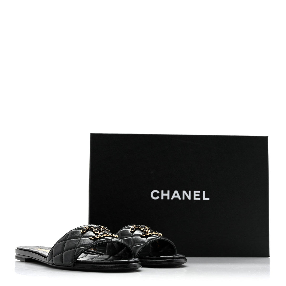 Shiny Goatskin Quilted CC Mules Sandals 39.5 Black