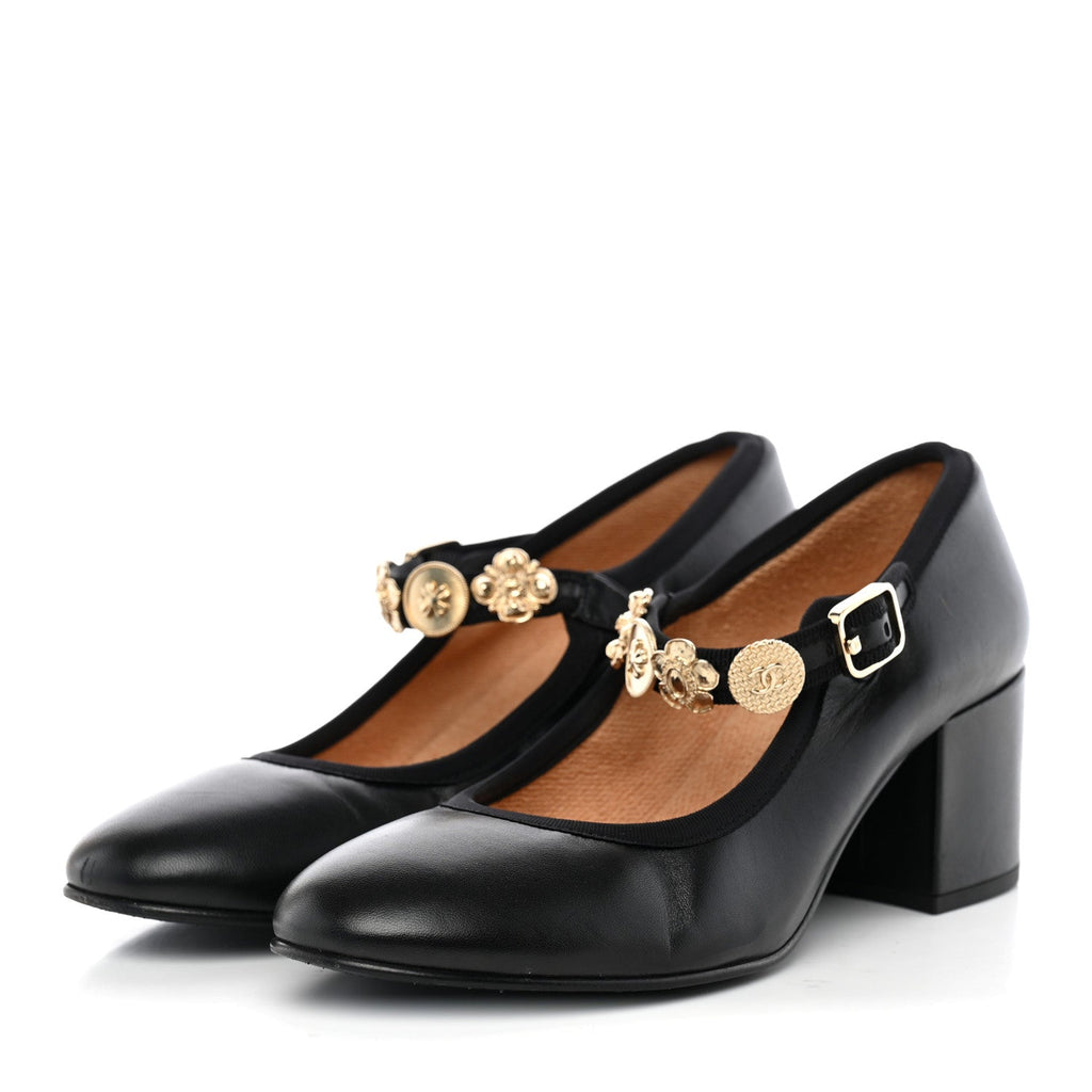 Lambskin Mary Jane Charm Pumps 39.5 Black