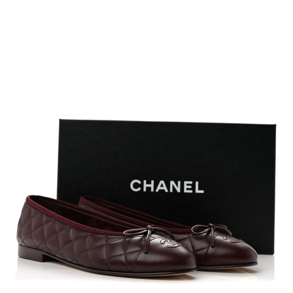 Lambskin Quilted CC Cap Toe Ballerina Flats 38 Dark Burgundy