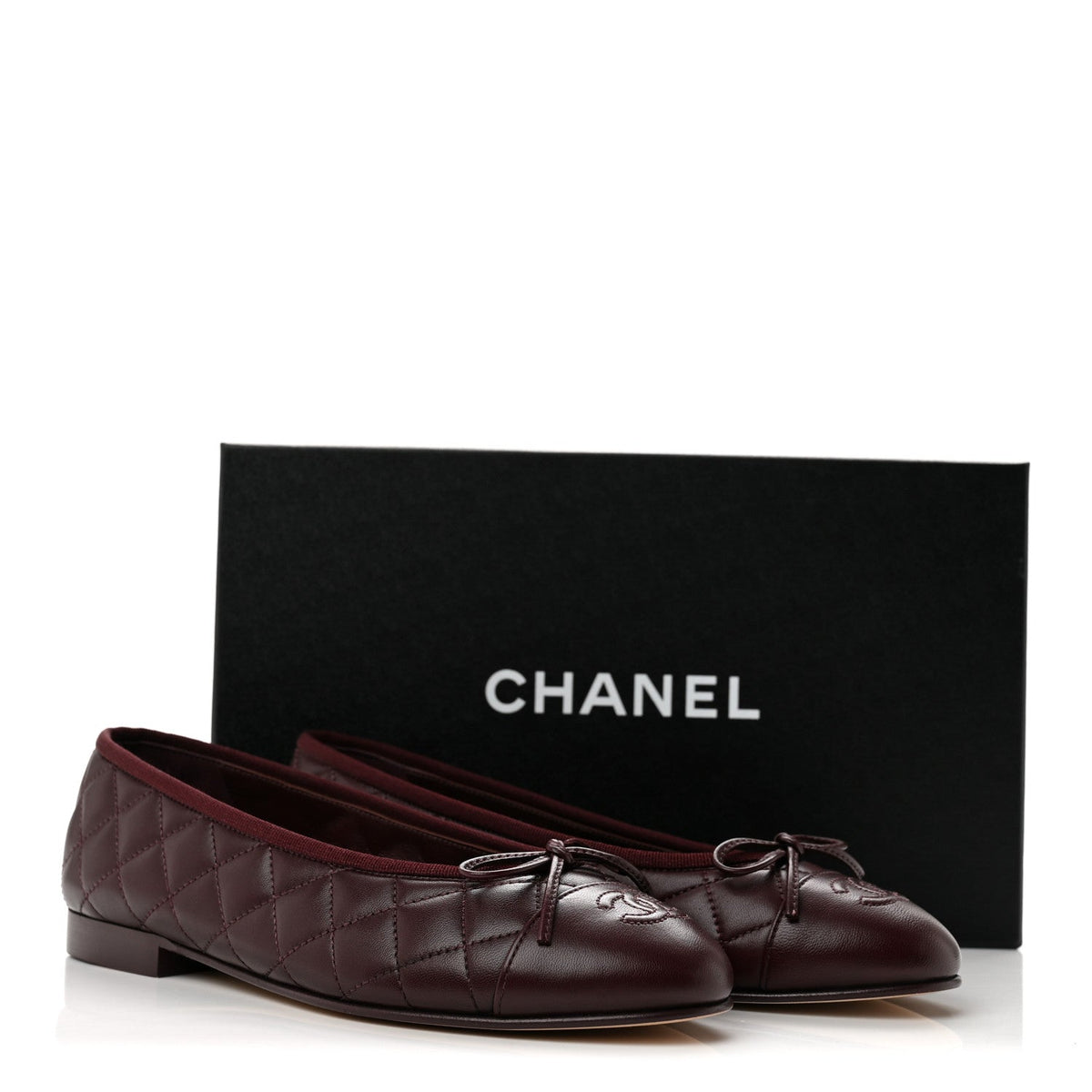 Lambskin Quilted CC Cap Toe Ballerina Flats 38 Dark Burgundy